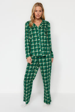 Yesil %100 Pamuklu Ekoseli Gomlek-Pantolon Orme Pijama Tak?m? THMAW24PT00252 - Trendyolmilla фото 3