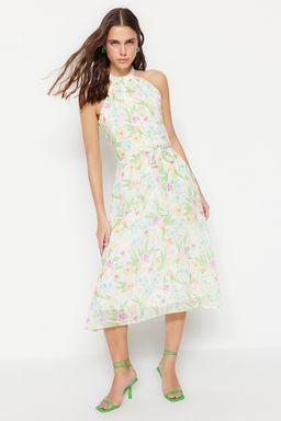 TRENDYOLMILLA Ekru Cicek Desenli Kusakl? A Kesim Halter Yaka Kolsuz Midi Astarl? Dokuma Elbise TWOSS20EL2536  фото 16