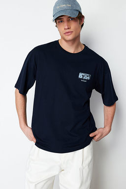 Lacivert Oversize/Geni_ Kesim S_rt Kabar_k Yaz_ Bask_l_ %100 Pamuk T-shirt TMNSS24TS00052 - Trendyolmilla фото 2