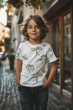 Beyaz Erkek Cocuk Palmiye Desenli Regular Kal?p K?sa Kol Orme T-Shirt TKDSS24TS00016