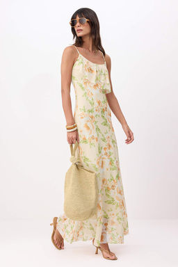 Sar? Cicekli A-Kal?p/Can Form Ince Ask?l? Volanl?/F?rf?rl? Maxi Orme Elbise TWOSS26EL00673