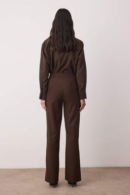 Koyu Kahverengi Straight/Duz Kesim Yuksek Bel Nervur Dikisli Dokuma Pantolon TWOSS21PL0093