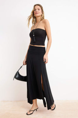 Siyah Bel Detayl? Y?rtmacl? Esnek Orme Maxi Etek TWOSS25ET00068