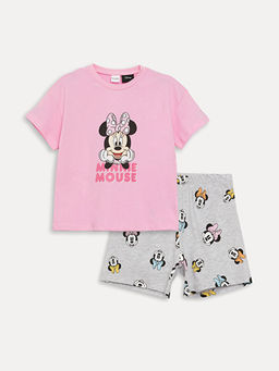 Bisiklet Yaka Minnie Mouse Bask?l? K?sa Kollu K?z ?ocuk ?ortlu Pijama Tak?m?
