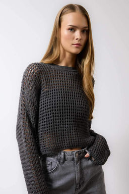 Regular Fit Bisiklet Yaka Krose Ajurlu Delikli Crop Triko Kazak - Defacto фото 7