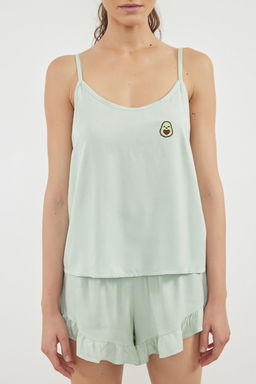 Trendyolmilla Ac?k Pembe Cilek Nak?sl? F?rf?rl? Ip Ask?l? Viskon Sortlu Dokuma Pijama Tak?m? THMSS24PT00195  фото 3