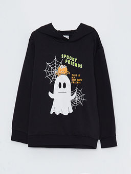 Kap??onlu Bask?l? Uzun Kollu Erkek ?ocuk Sweatshirt