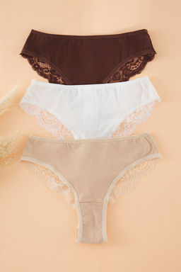 TRENDYOLMILLA Kahverengi-Cok Renkli 3lu Paket Pamuklu Dantelli Brazilian Orme Kulot THMAW21KU0008  фото 38