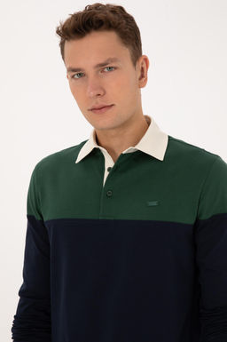 Erkek Regular Fit Polo Yaka Koyu Ye_il Sweatshirt
