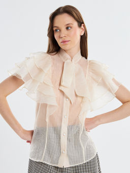 Блузка из органзы с рюшами и бантом OD-929-4 молочный - Tantino фото 3