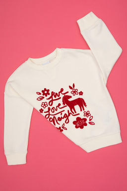 K_z _ocuk Krem Bisiklet Yaka Sweatshirt