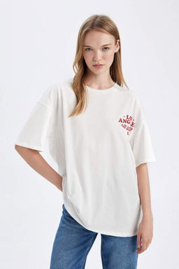 Футболка оверсайз с круглым вырезом и короткими рукавами с принтом Снова в школу - Defacto фото 4