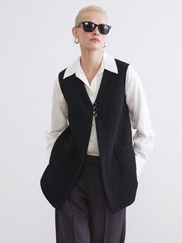 V Yaka Kendinden Desenli Kad?n Yelek