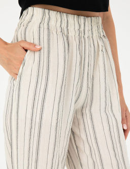 Ekru Dokulu Y_ksek Bel Loose Fit Pantolon