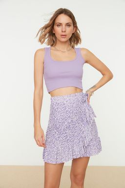Lila Bask?l? Volanl? Yuksek Bel Mini Esnek Orme Etek TWOSS21ET0010