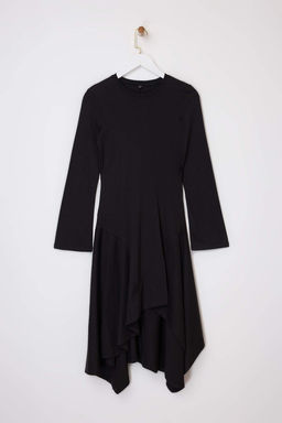 Siyah Belden Ac?lan Bisiklet Yaka Volanl?/F?rf?rl? Uzun %100 Pamuk Orme Elbise TWOSS26EL00022 - Trendyolmilla фото 5