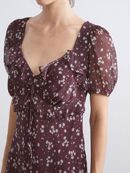 Kalp Yaka ?i?ekli Balon Kollu Elbise