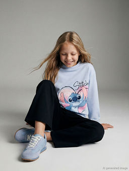 Bisiklet Yaka Stitch Bask?l? K?z ?ocuk Sweatshirt ve E?ofman Alt?