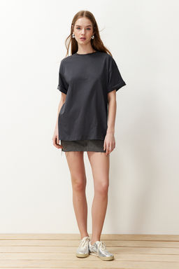 TRENDYOLMILLA Beyaz %100 Pamuk Bisiklet Yaka Oversize/Genis Kal?p Orme T-Shirt TWOSS20TS0134  фото 40