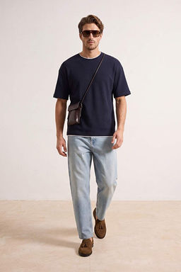 Lacivert Oversize/Geni_ Kesim Dokulu T-Shirt TMNSS26TS00017