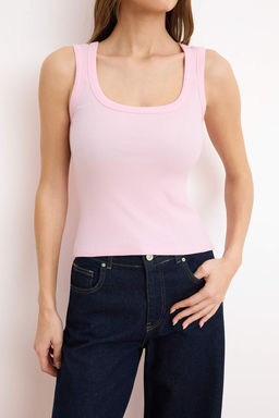 Ac?k Pembe Regular Havuz Yaka Kal?n Ask?l? Kolsuz Fitilli Esnek Orme Atlet TWOSS26AL00028 - Trendyolmilla фото 3