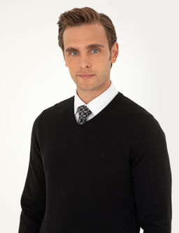 Siyah Slim Fit V Yaka Basic Triko Kazak - Pierre cardin фото 2