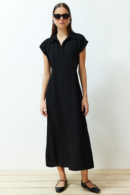 TRENDYOLMILLA Siyah A Kesim Gomlek Yaka Aerobin Maxi Dokuma Elbise TWOSS24EL00621