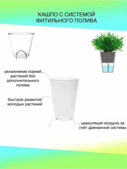 Горшок цветочный VipSet Эйва 2,4л белый с дренажной системой и фитильным поливом (АМО-2,4-01) /Крассула/