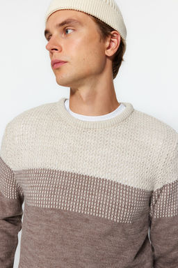 TRENDYOL MAN Bej Slim Fit Dar Kesim Bisiklet Yaka Renk Bloklu Kazak TMNAW21KZ0543