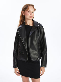 Biker Yaka Kad?n Deri G?r?n?ml? Ceket