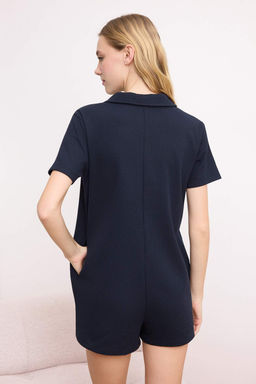 Lacivert Waffle Dugme Detayl? Gomlek Yaka Orme Tulum THMSS24TU00003