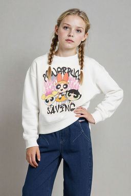 PowerPuff Girls Oversize Geni_ Kal_p Bisiklet Yaka Sweatshirt K_z _ocuk