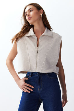 Bej Melanj Relaxed/Rahat Kal?p Fermuarl? Dik Yaka Ay Kol Kal?n Yelek TWOSS24YE00011