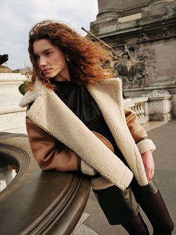 Biker Yaka D?z Oversize Kad?n Deri G?r?n?ml? Mont - Waikiki фото 5