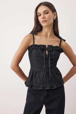 Mavi Omuzdan Baglamal? Etek Ucu F?f?rl? Denim Bluz TWOSS25BZ00434