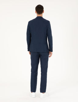 Lacivert Ex. Slim Fit %100 Keten Tak_m Elbise
