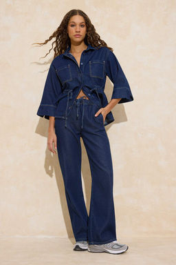 Koyu Mavi Beli Lastikli Yuksek Bel Tencel Kar?s?ml? Wide Leg Jeans TWOSS26JE00040