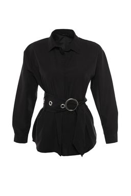 Siyah Kemerli Toka Detayl? Pamuklu Dokuma Gomlek TWOAW20GO0099