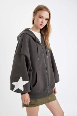 Кардиган оверсайз из плотной ткани с капюшоном и принтом - Defacto фото 5