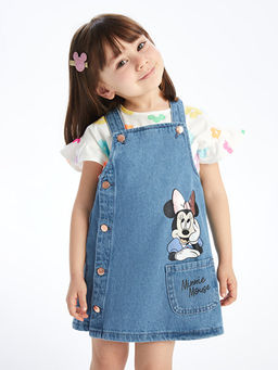 Kare Yaka Minnie Mouse Bask?l? K?z Bebek Jean Elbise