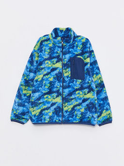 Dik Yaka Desenli Uzun Kollu Pel?? Erkek ?ocuk Fermuarl? Sweatshirt