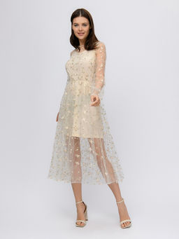 Платье бежевое длины миди с вышивкой - 1001dress фото 4