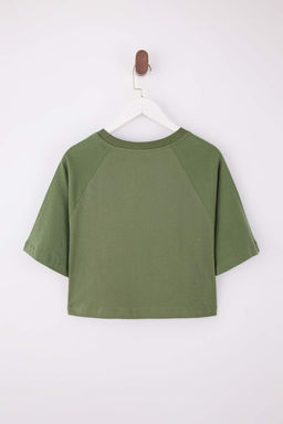 Wardrobe Essentials-Haki Boxy/Rahat Kal?p K?sa Kollu Crop %100 Pamuk Orme T-Shirt TWOSS26TS00006