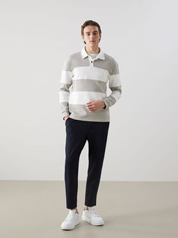 Polo Yaka Uzun Kollu ?izgili Erkek Sweatshirt