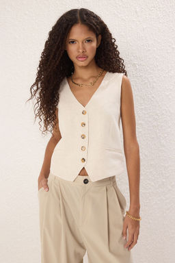 TRENDYOLMILLA Beyaz Oversize V Yaka Keten Gorunumlu Oversize Yelek TWOSS25YE00085 фото 2