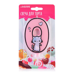 Свеча-цифра для торта "Котик" 0, размер свечки 9,1x6,6x1 см, с рисунком, розовая, в картонном блистере