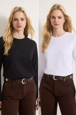 Siyah-Beyaz 2li Paket Bisiklet Yaka Regular/Normal Kesim Orme T-Shirt TWOAW25TS00001