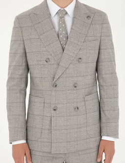 Gri Extra Slim Fit Ekose Kruvaze Tak_m Elbise