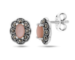 Серьги, марказит , перламутр розовый, SL-LNJ342