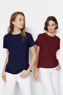 Bordo-Lacivert Basic %100 Pamuk Bisiklet Yaka 2li Paket Orme T-Shirt TWOSS20TS0141